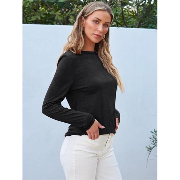 New Women's Long Sleeve Round Neck Basic Tee - Fall Outfit Tops & Clothes ,Black - Picture 3 of 7